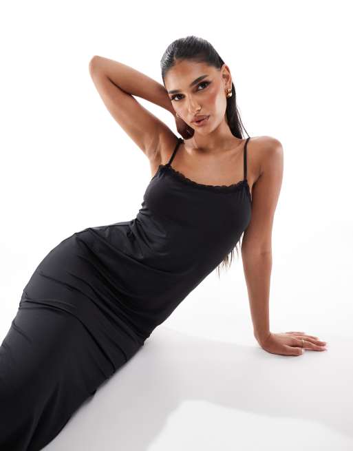 ASOS DESIGN Tia super soft microfiber maxi slip dress with side slit & lace  trim in black | ASOS