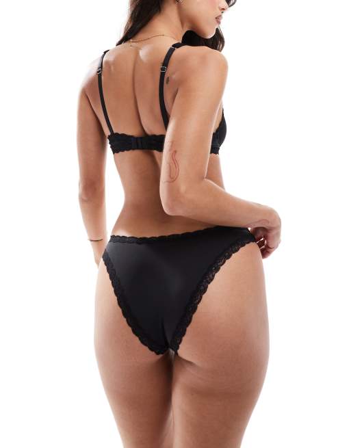 ASOS DESIGN Tia super soft microfibre brazilian brief with lace trim in black, 3 of 4