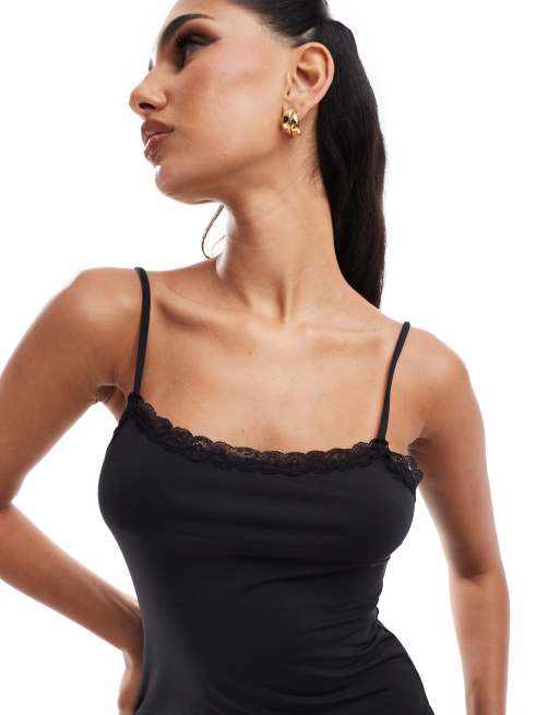 ASOS DESIGN Tia super soft microfibre maxi slip dress with side slit & lace trim in black, 3 of 4