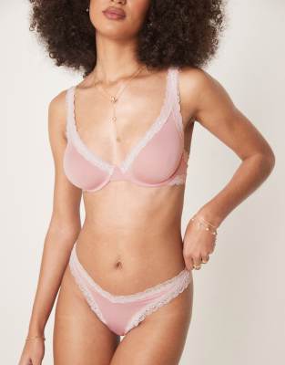 ASOS DESIGN ASOS DESIGN Tia super soft microfibre thong with lace trim in pink