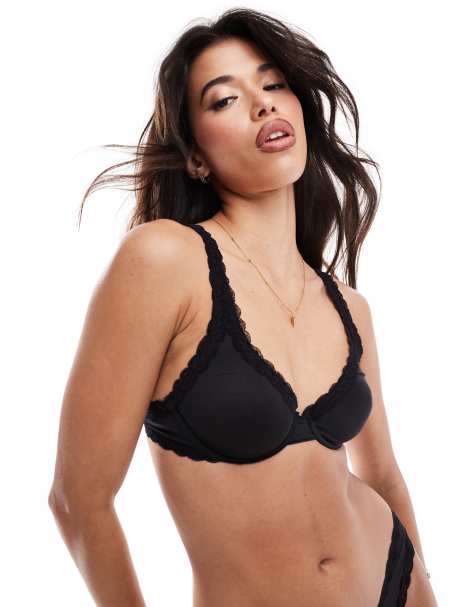 ASOS DESIGN Tia super soft microfibre underwired bra with lace trim in black - view 1