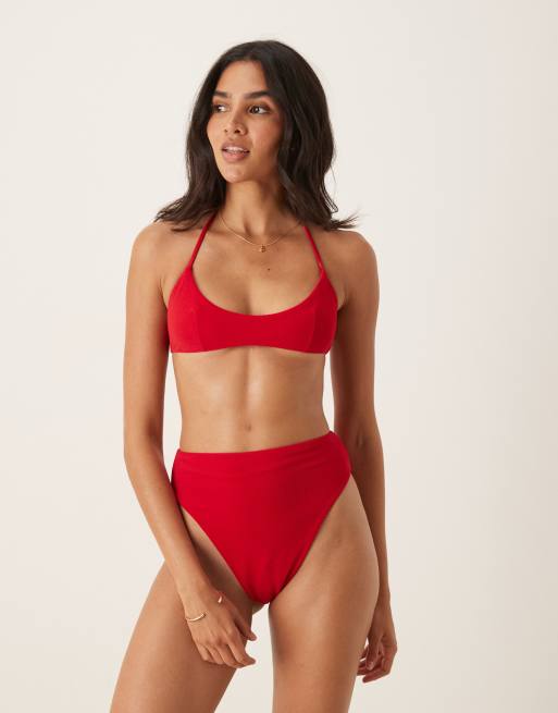 ASOS DESIGN Tia terrycloth skinny scoop crop bikini top in red, 2 of 4