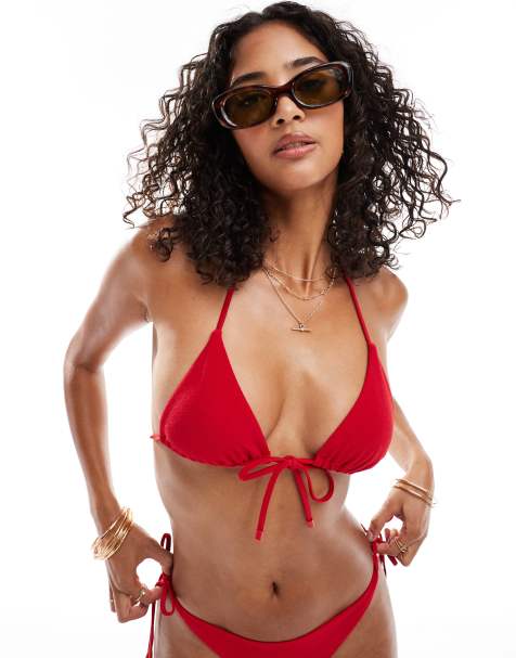 ASOS DESIGN Tia terrycloth triangle tie front bikini top in red - view 1