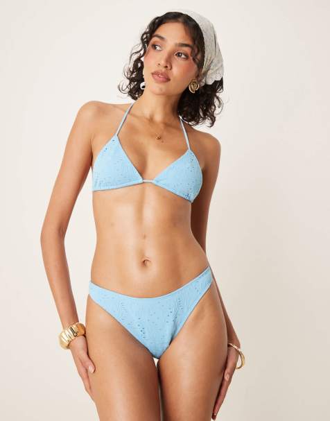 ASOS DESIGN Tia textured paisley high leg bikini bottom in light blue - view 1
