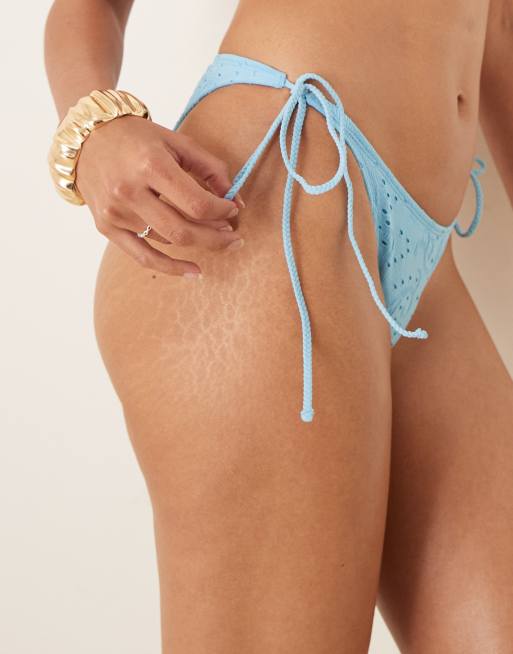 ASOS DESIGN Tia textured paisley tie side bikini bottom in petrol blue