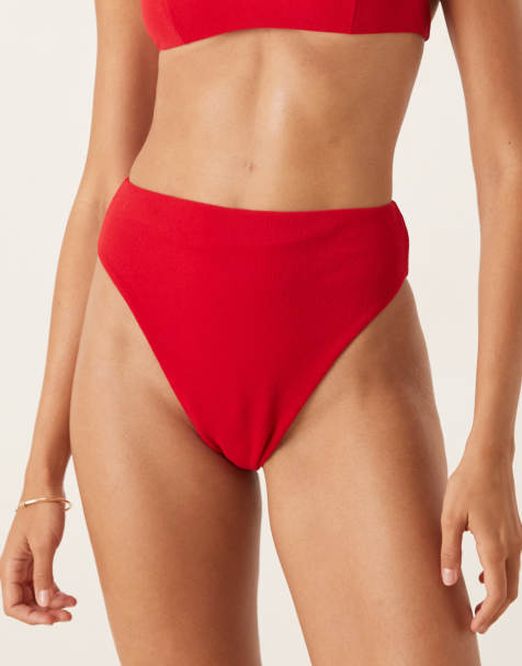 ASOS DESIGN Tia towelling high leg high waist bikini bottom in red - view 1