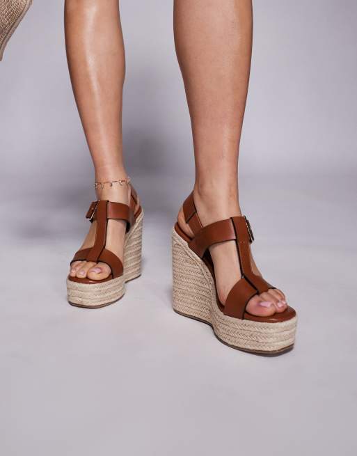 ASOS DESIGN Tiana t-bar wedge sandals in tan ASOS