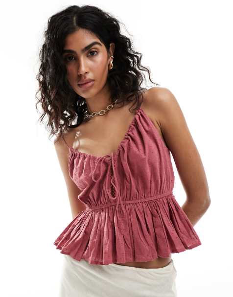ASOS DESIGN tie and peplum detail textured cami top in rose pink - view 1