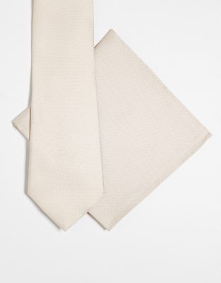 Asos Design Tie And Pocket Square In Neutral