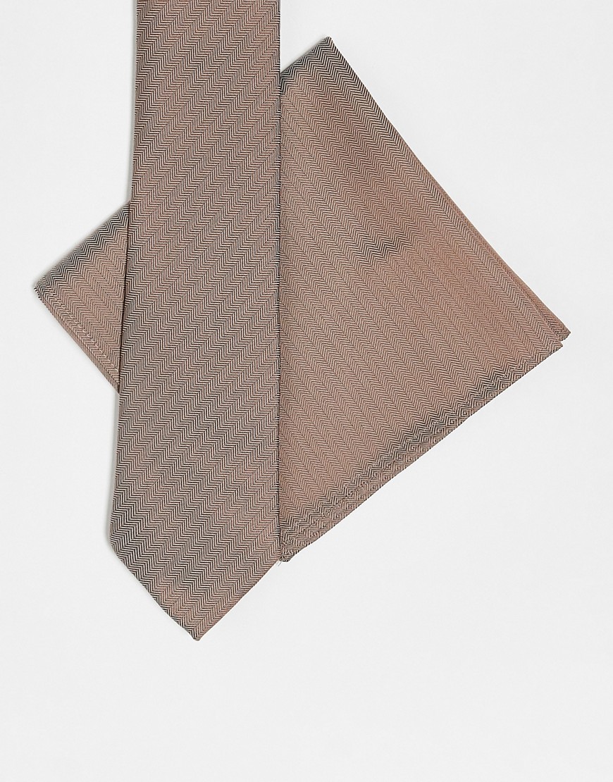 Asos Design Tie And Pocket Square In Taupe-brown