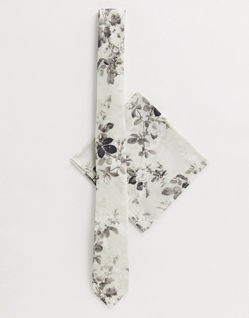 ASOS DESIGN tie and pocket square pack in grey floral design