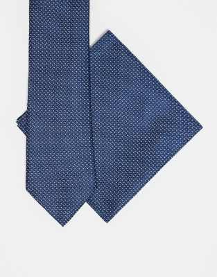 Asos Design Tie And Pocket Square With Mono Print In Blue