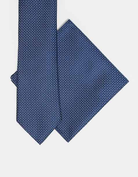 ASOS DESIGN tie and pocket square with mono print in navy - view 1