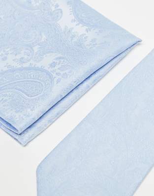 Asos Design Tie And Pocket Square With Paisley Print In Blue