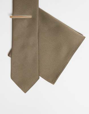Asos Design Tie And Pocket Square With Tie Bar In Neutral
