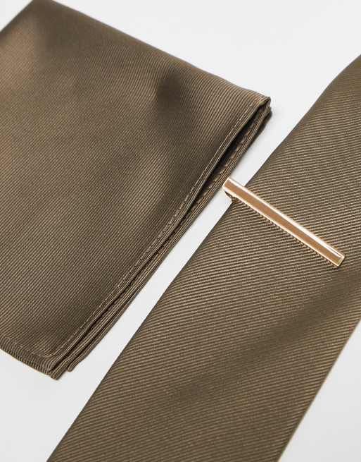 ASOS DESIGN tie and pocket square with tie bar in stone
