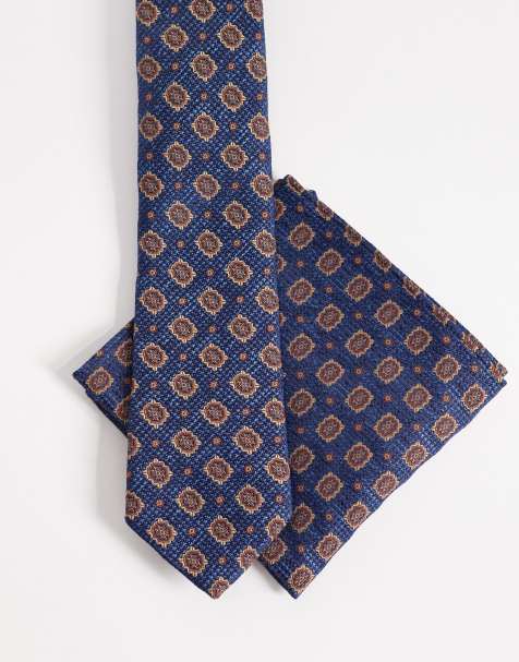 ASOS DESIGN tie and pocket square with vintage print in dark blue - view 1