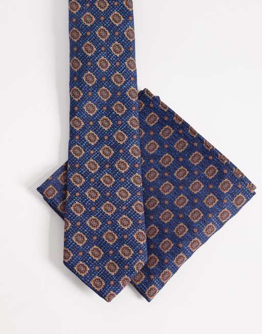ASOS DESIGN tie and pocket square with vintage print in dark blue