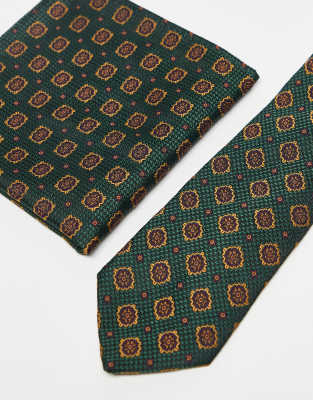 Asos Design Tie And Pocket Square With Vintage Print In Green