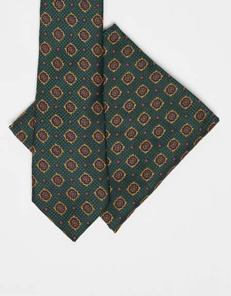 ASOS DESIGN tie and pocket square with vintage print in green - view 1