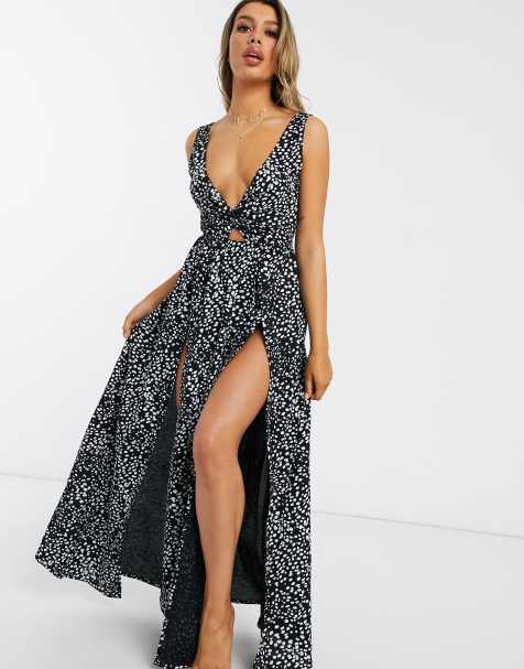 ASOS DESIGN tie back beach maxi dress with twist front detail in black mono spot print