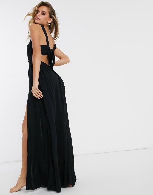 Asos design tie back cross front store split maxi beach dress in black