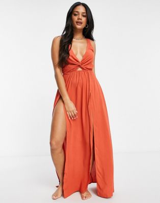 ASOS DESIGN tie back beach maxi dress with twist front detail in rust-Brown