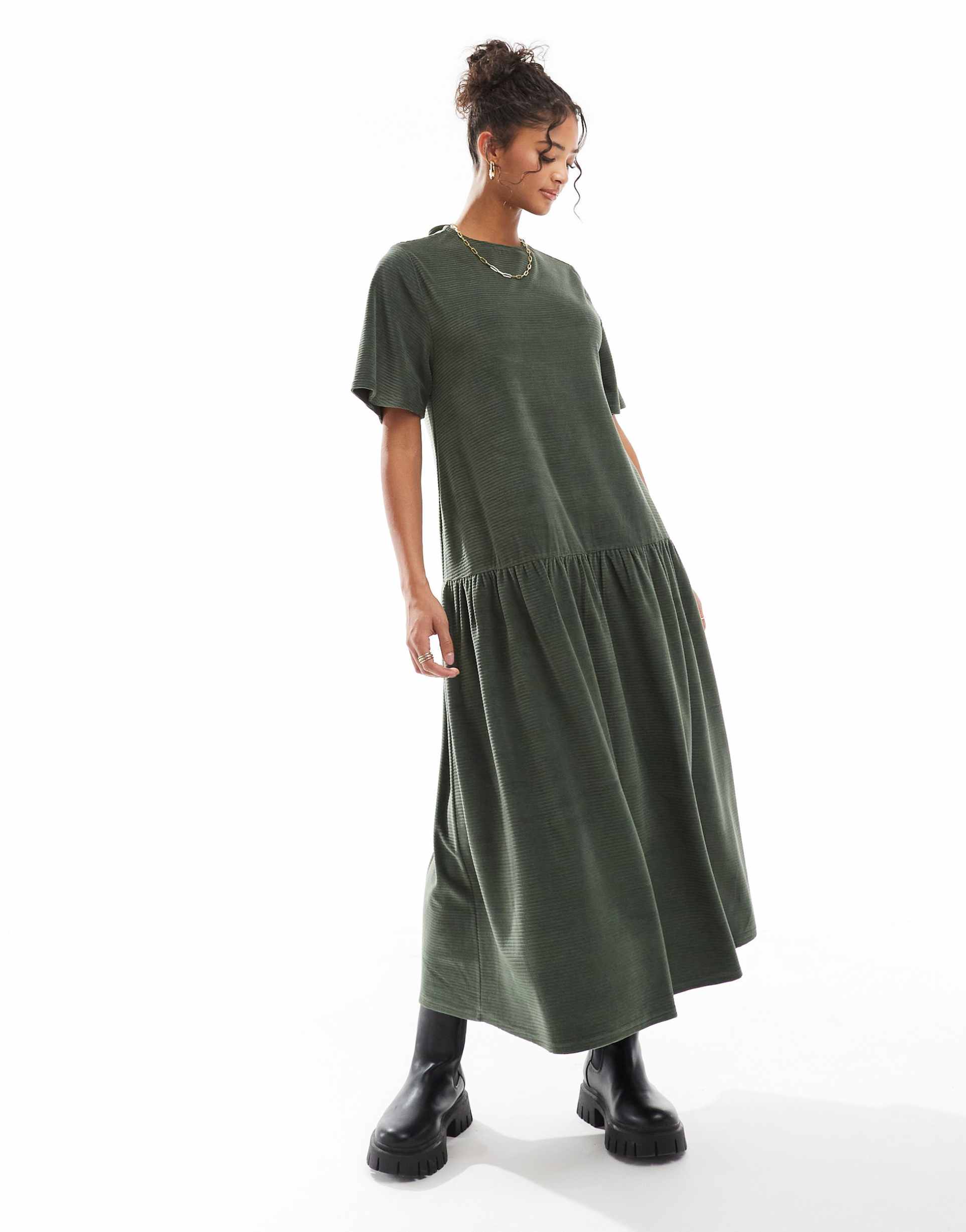 asos design tie back chunky corduroy flared hem midi dress in green