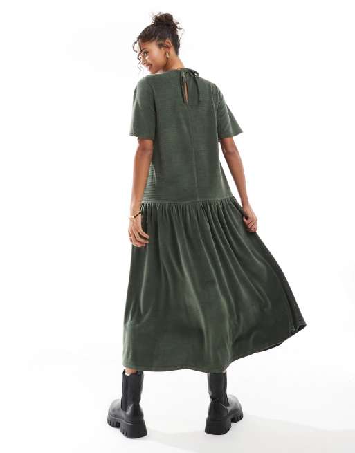 ASOS DESIGN tie back chunky corduroy flared hem midi dress in green