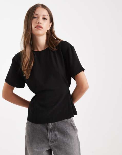 ASOS DESIGN tie back cinch detail woven tee in black - view 1