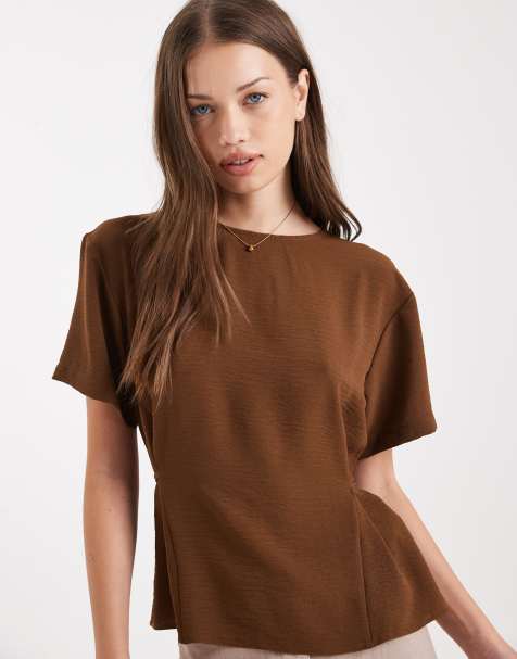 ASOS DESIGN tie back cinch detail woven tee in Chocolate - view 1