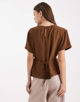 Asos Design Tie Back Cinch Detail Woven Tee In Brown
