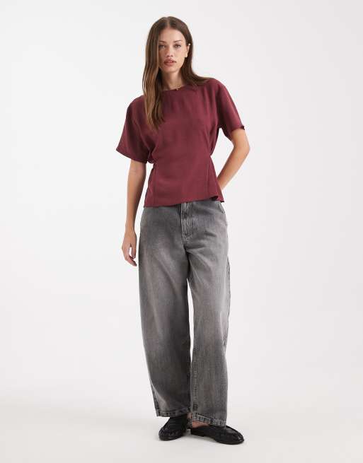 ASOS DESIGN tie back cinch detail woven tee in mulberry, 3 of 4