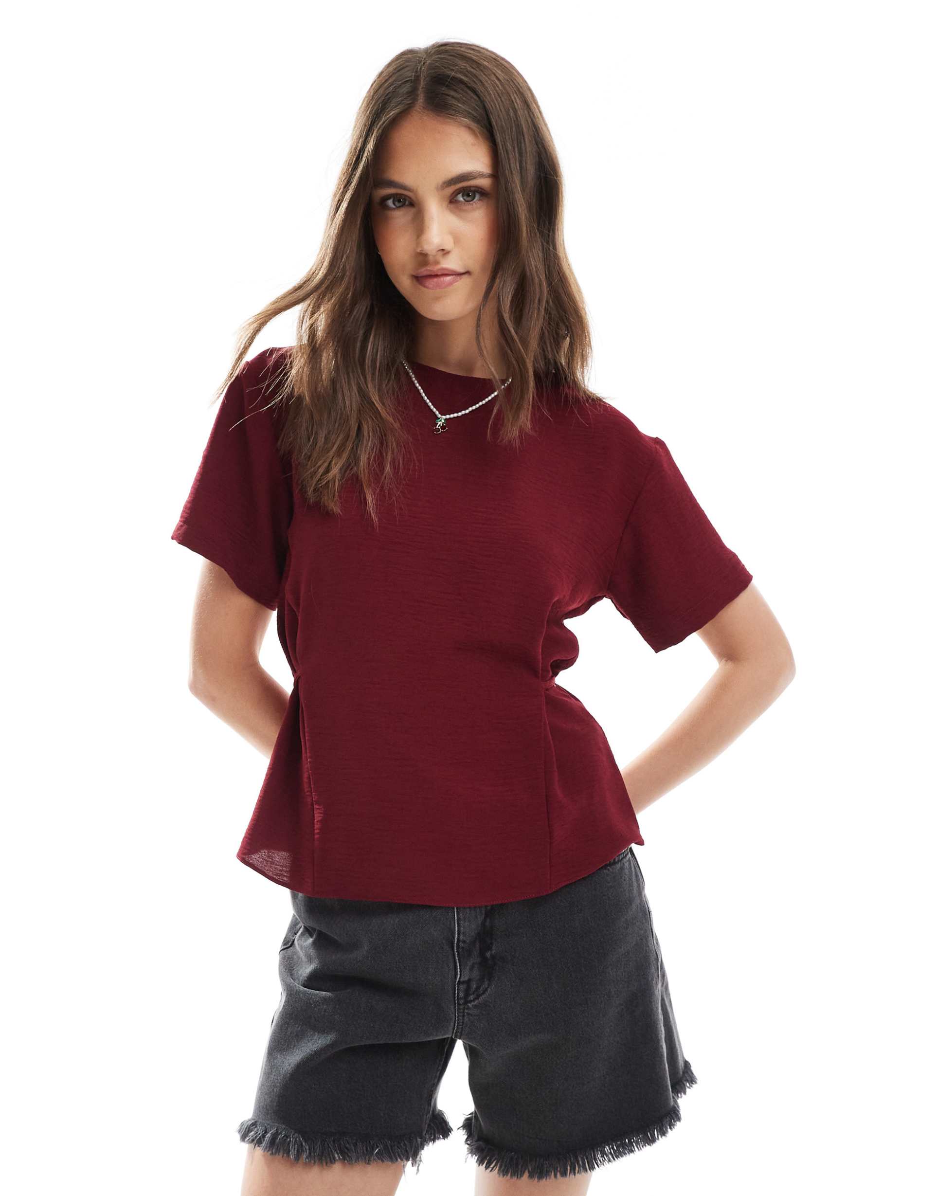 asos design tie back cinch detail woven tee in wine
