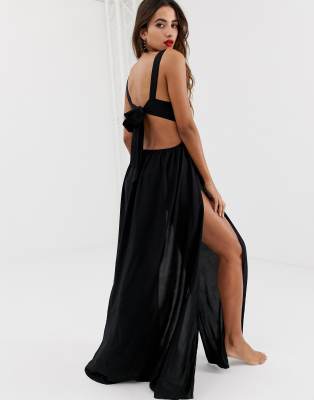 asos design tie back cross front split maxi beach dress in black