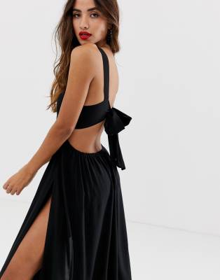 asos design tie back cross front split maxi beach dress in black