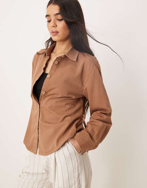 ASOS DESIGN tie back denim shirt in mocha