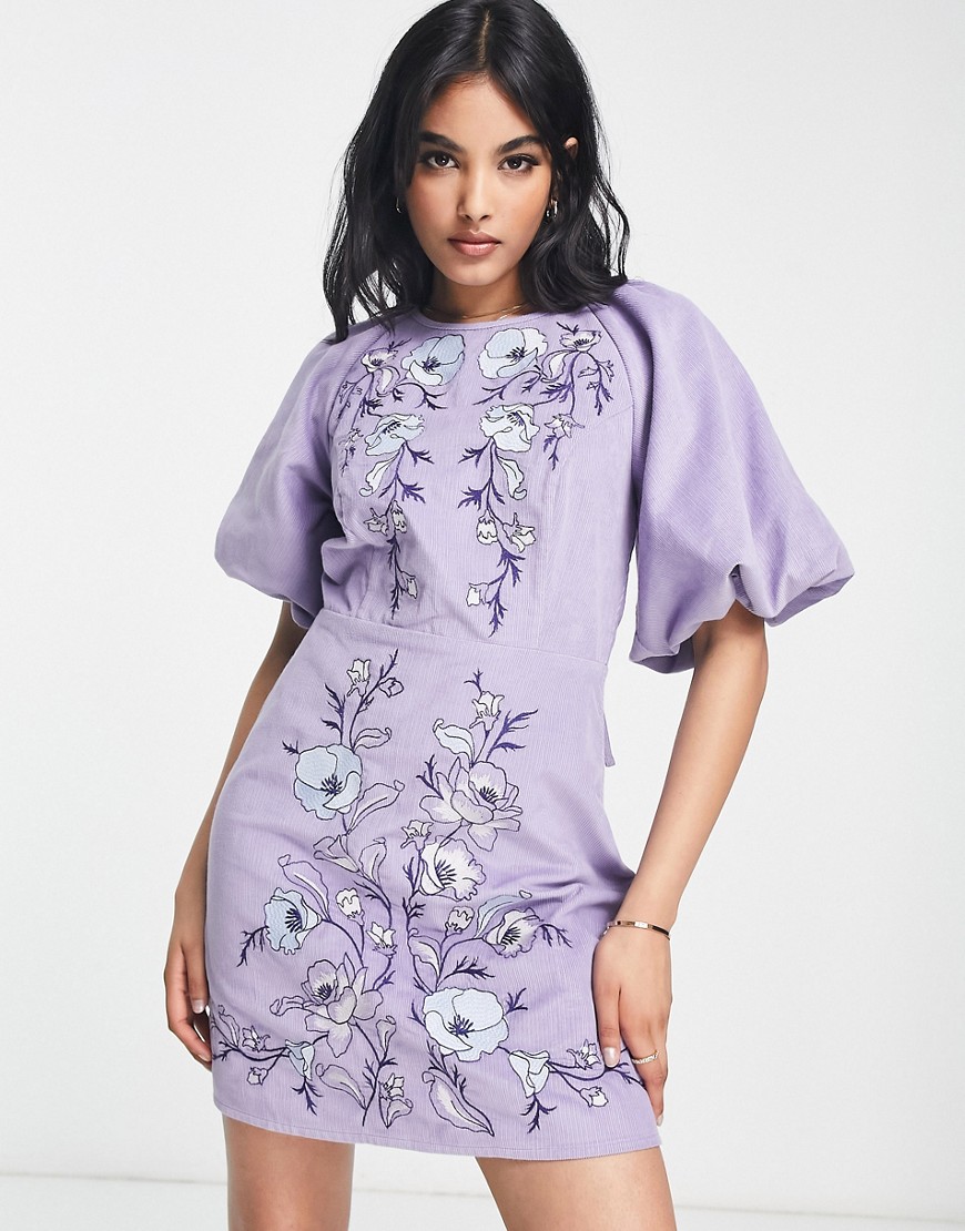 Asos Design Tie Back Floral Embroidery Cord Mini Dress In Lilac-purple