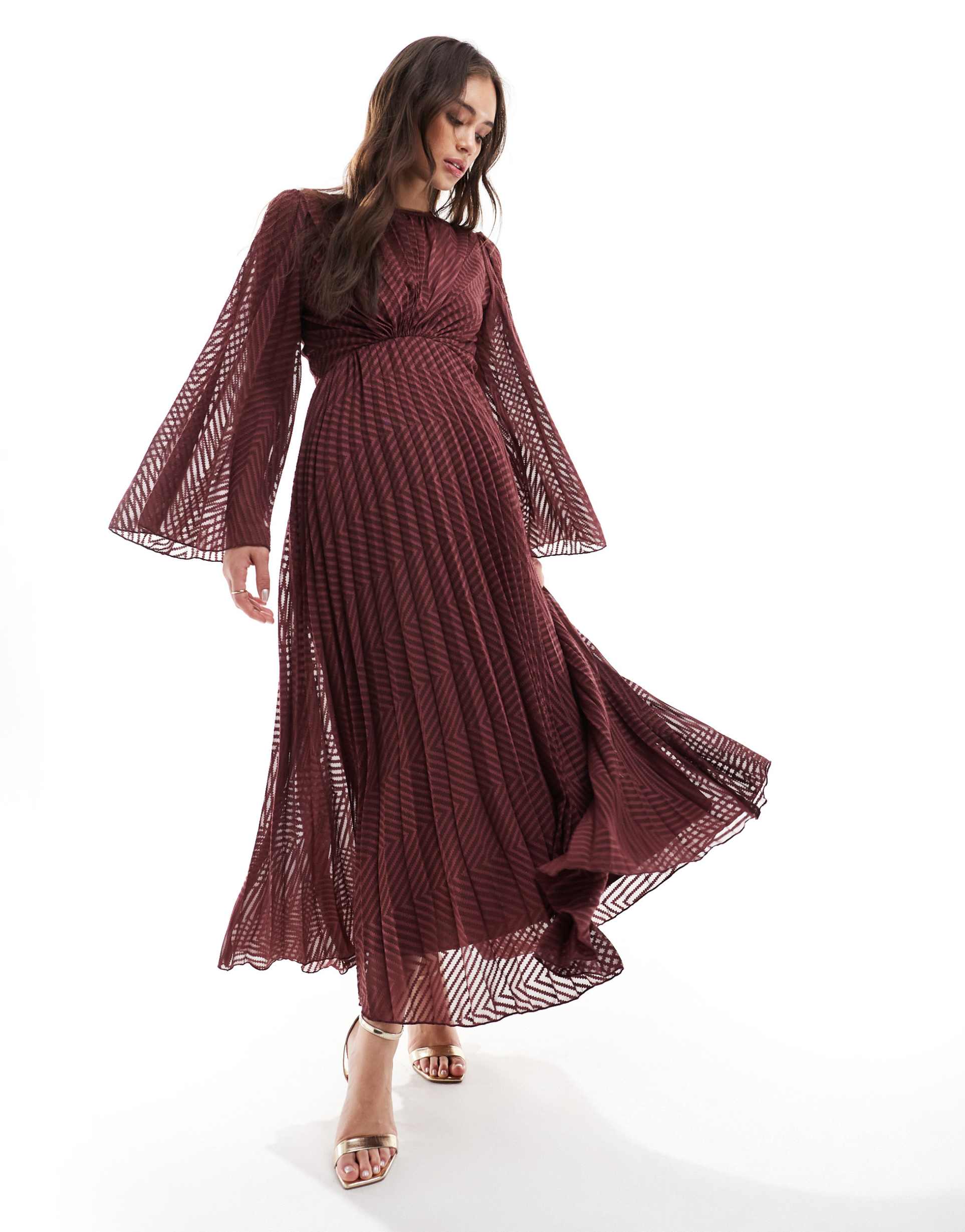 asos design tie back fluted sleeve pleated chevron chiffon midi dress in burgundy