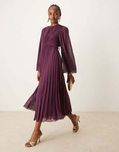 ASOS DESIGN tie back fluted sleeve pleated chevron chiffon midi dress in burgundy - view 1