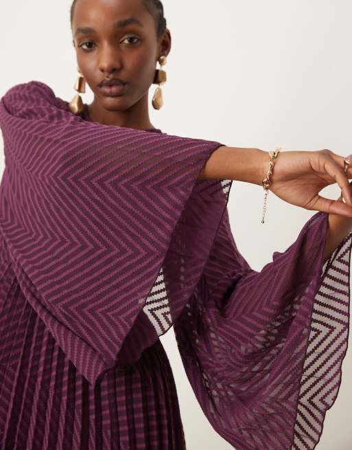 ASOS DESIGN tie back fluted sleeve pleated chevron chiffon midi dress in burgundy
