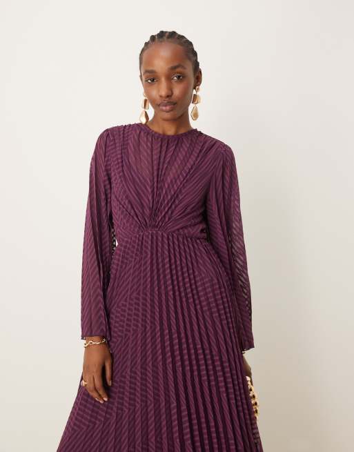 ASOS DESIGN tie back fluted sleeve pleated chevron chiffon midi dress in burgundy