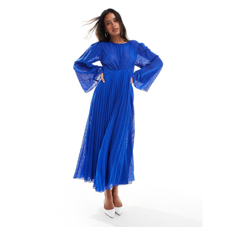 asos green chevron dress DESIGN tie back fluted sleeve pleated chiffon midi in cobalt sparkle maxi dress