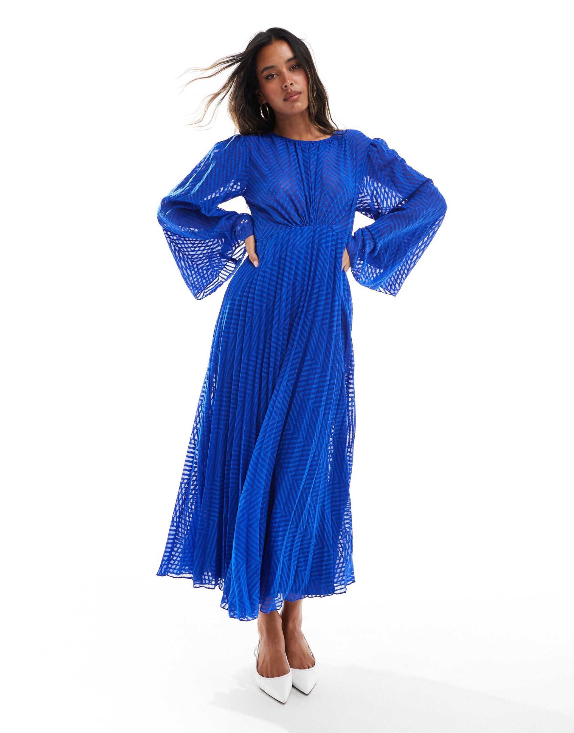 asos design tie back fluted sleeve pleated chevron chiffon midi dress in cobalt