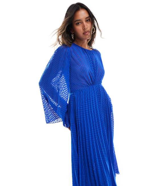 ASOS DESIGN tie back fluted sleeve pleated chevron chiffon midi dress in cobalt