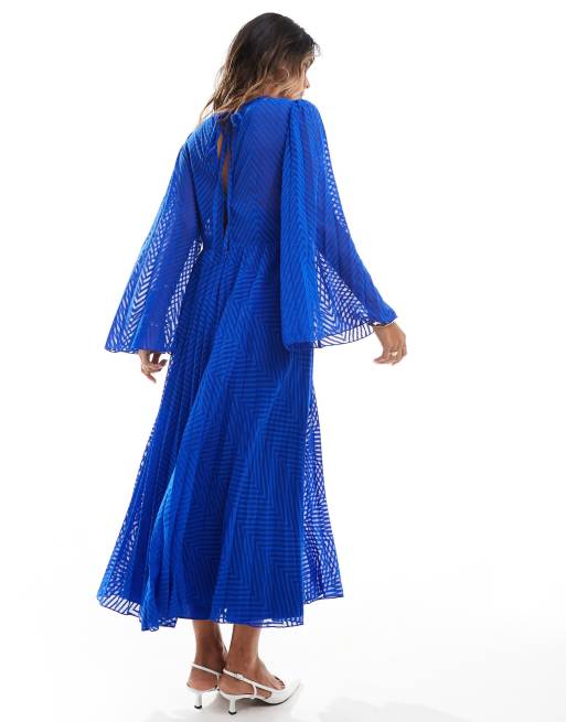 ASOS DESIGN tie back fluted sleeve pleated chevron chiffon midi dress in cobalt