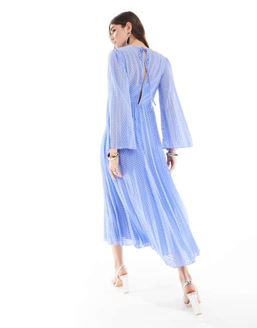 ASOS DESIGN tie back fluted sleeve pleated chevron chiffon midi dress in cornflower blue