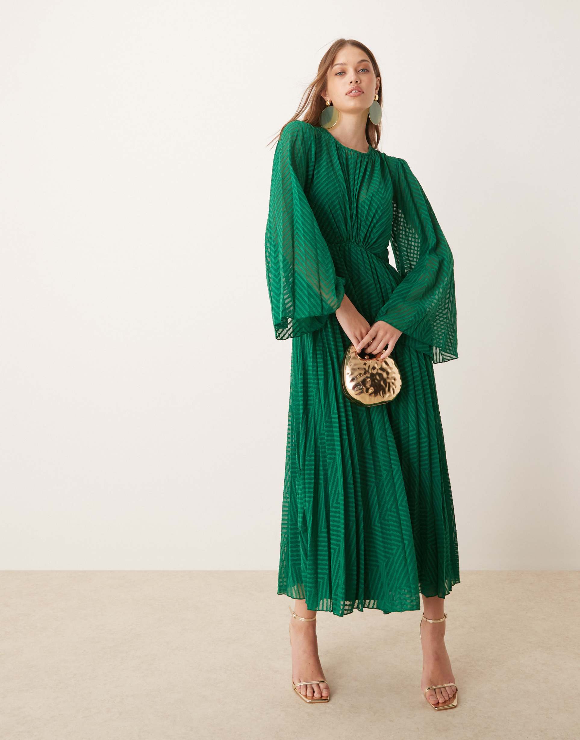 asos design tie back fluted sleeve pleated chevron chiffon midi dress in green