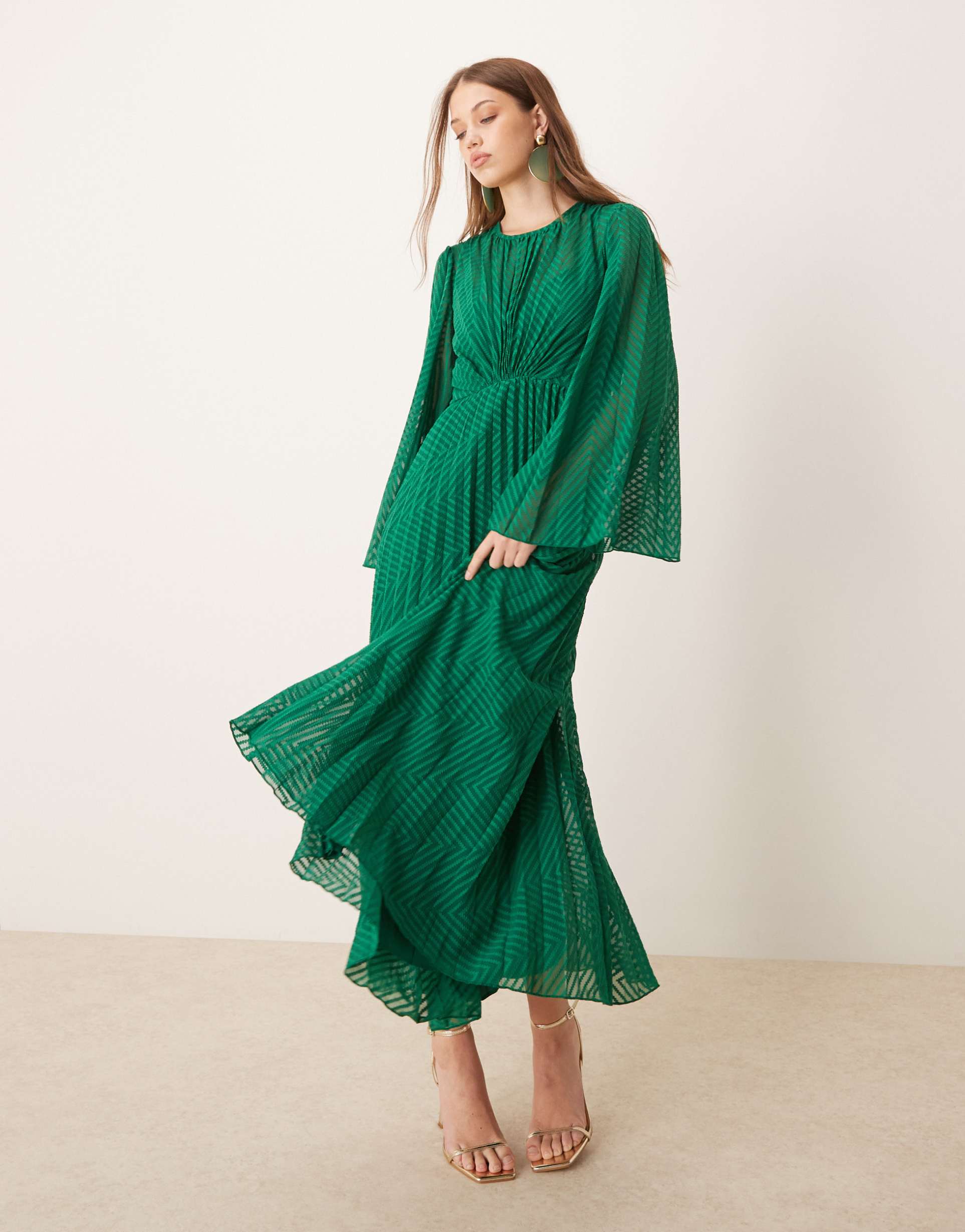 asos design tie back fluted sleeve pleated chevron chiffon midi dress in green