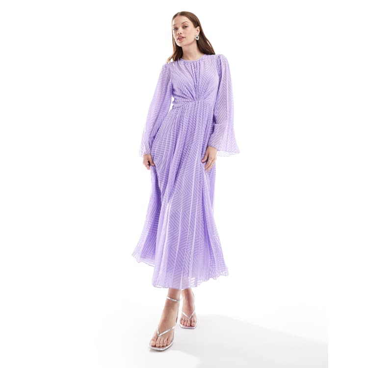 ASOS DESIGN tie back fluted sleeve pleated chevron chiffon midi dress in  lilac | ASOS